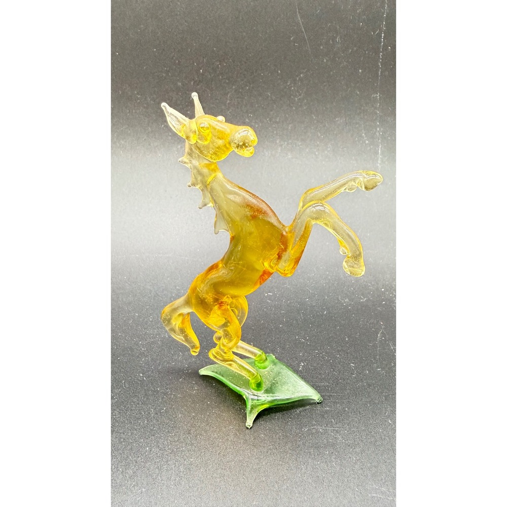 Vintage Hand Blown Art Glass Rearing Horse Figurine Amber Yellow Green Base